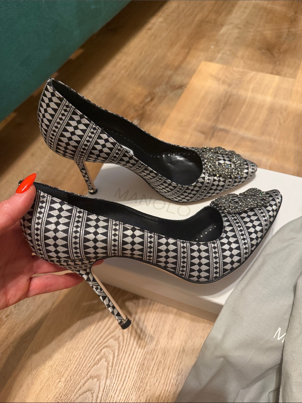Manolo Blahnik Hangisi Black and Silver Embellished Pointed-Toe Pumps